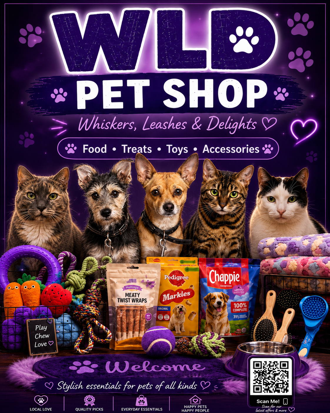 WLD Pet Shop artwork featuring the shop's two dogs and three cats